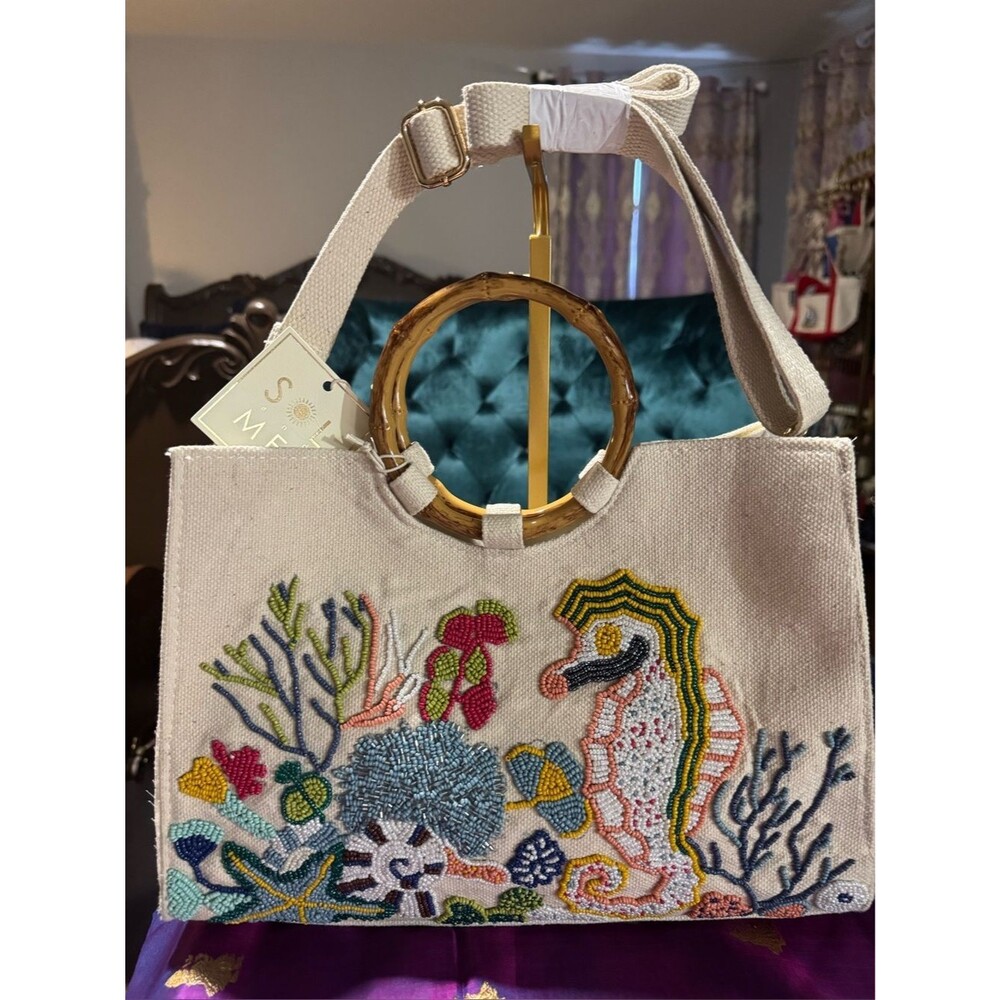 NWT Sol & Mer Beaded Seahorse Tote Bag Bamboo Handle Natural